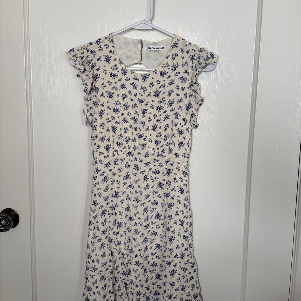 Reformation Idalia Dress - color/print: Cream with Blue Floral - size 8